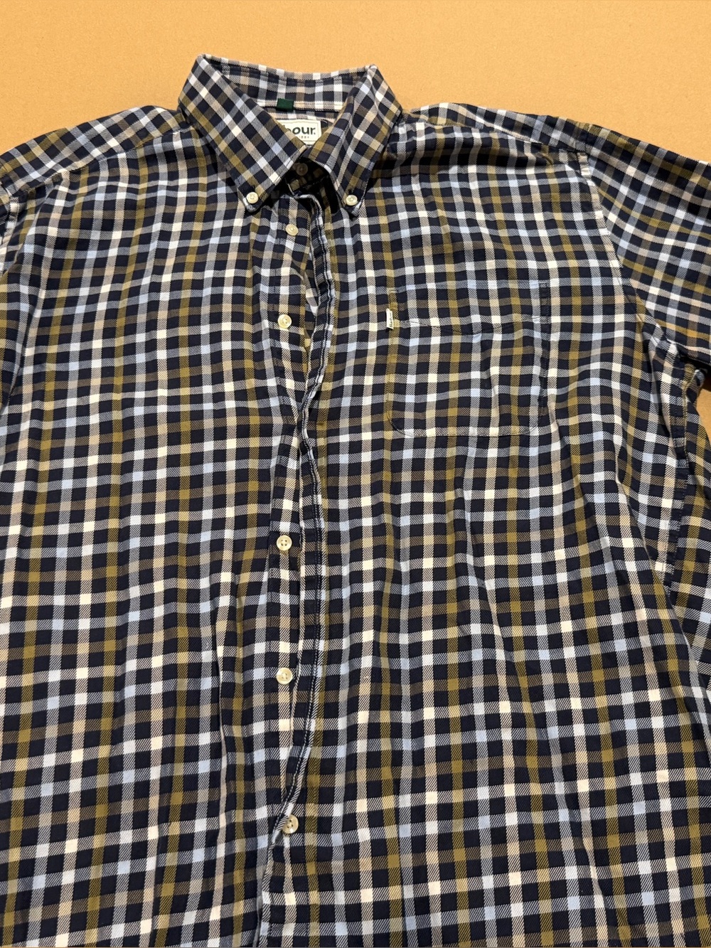 Barbour button down- green , brown , yellow and white - used